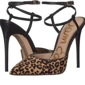 Sam Edelman Size 9.5 Deana Animal Print Calf Hair Pumps Heels Ankle Wrap Leopard